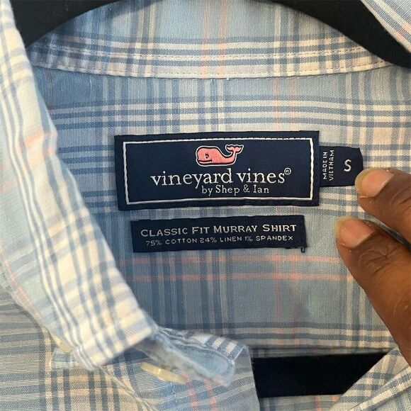 Vineyard Vines Men's Linen Blend Classic Fit Murray Plaid Shirt Blue/Pink Size S - Picture 4 of 7